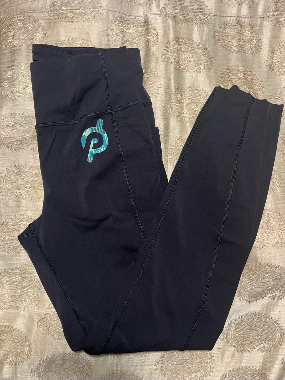 Peloton Black Leggings with Teal Logo Accent - Picture 1 of 4